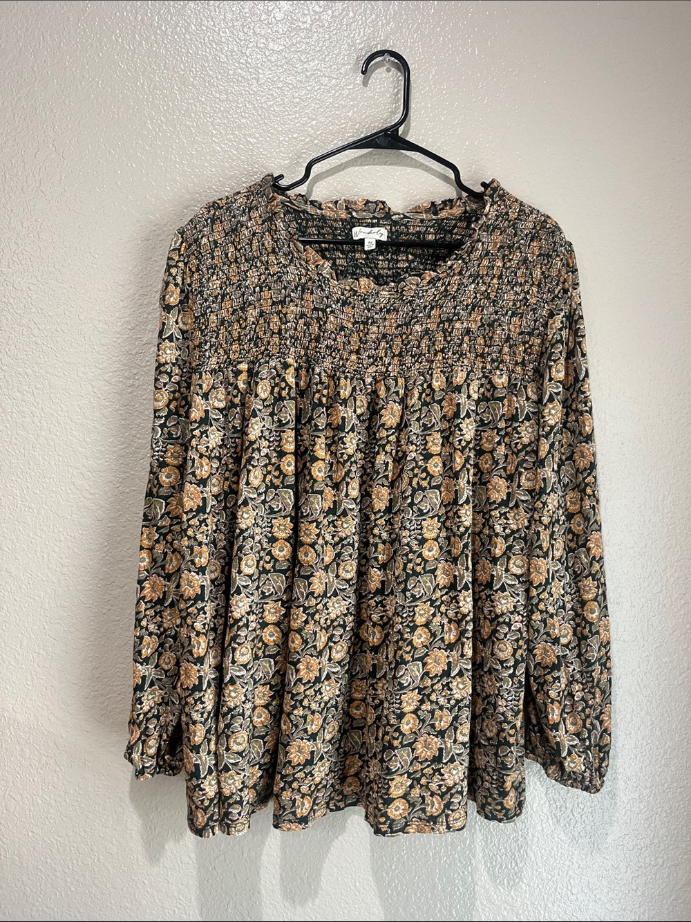 Wonderly Black and Tan Floral Smocked Peasant Blouse Sz 4X Boho Flowy Chic